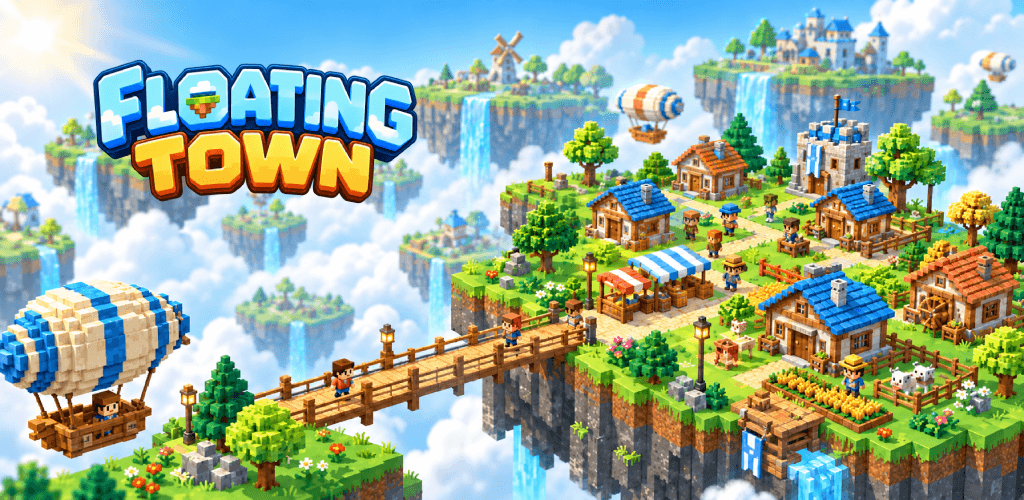 A growing cloud village with cottages, farms, villagers and bridges across floating islands