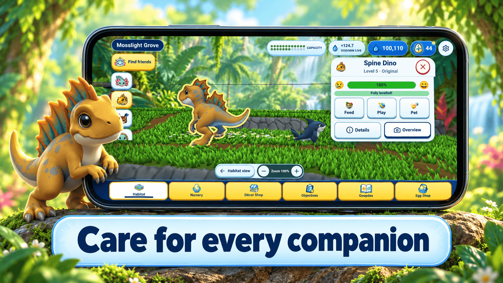 A creature in the Gooplings habitat with its care and wellbeing panel open