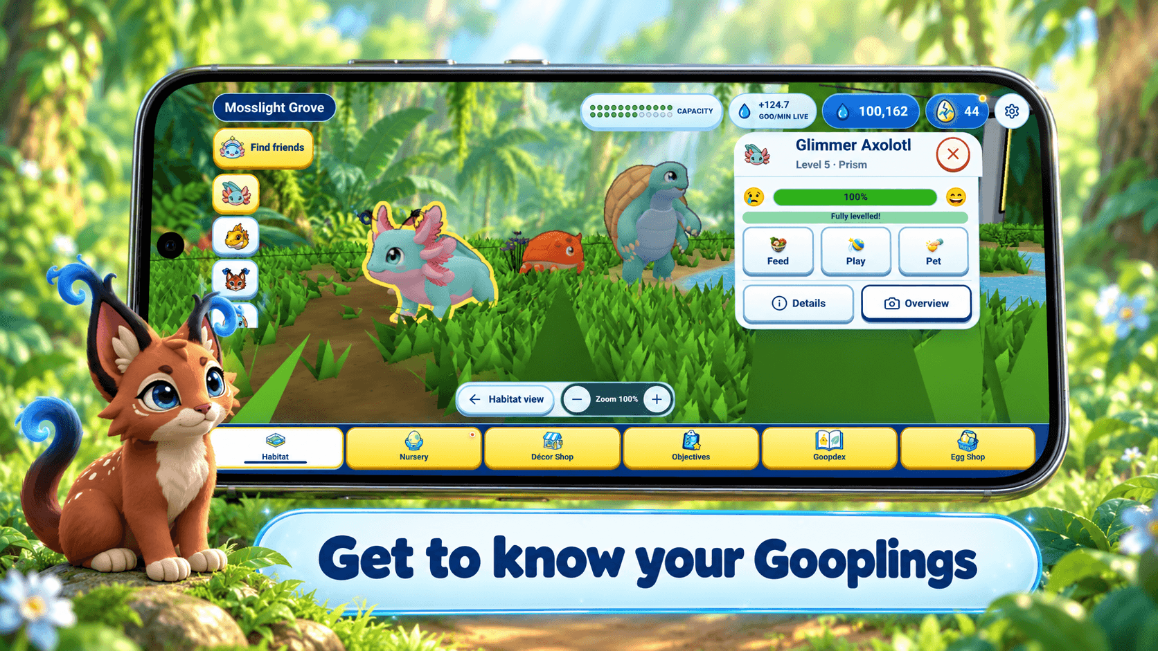 A Glimmer Axolotl and other creatures in a lush Gooplings habitat