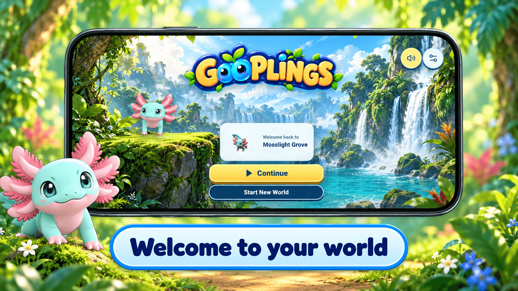 Welcome to a bright Gooplings world filled with waterfalls and habitat greenery