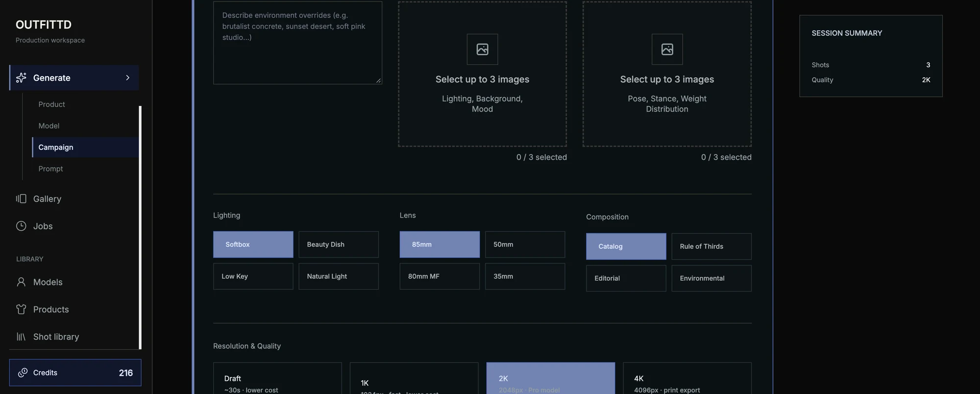 Outfittd campaign controls for scene references, lighting, lenses and composition