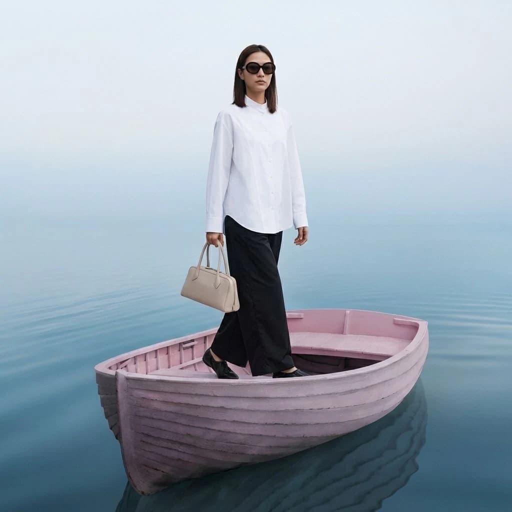 AI-generated Outfittd fashion image: a model in a white shirt and black skirt standing on a pink boat