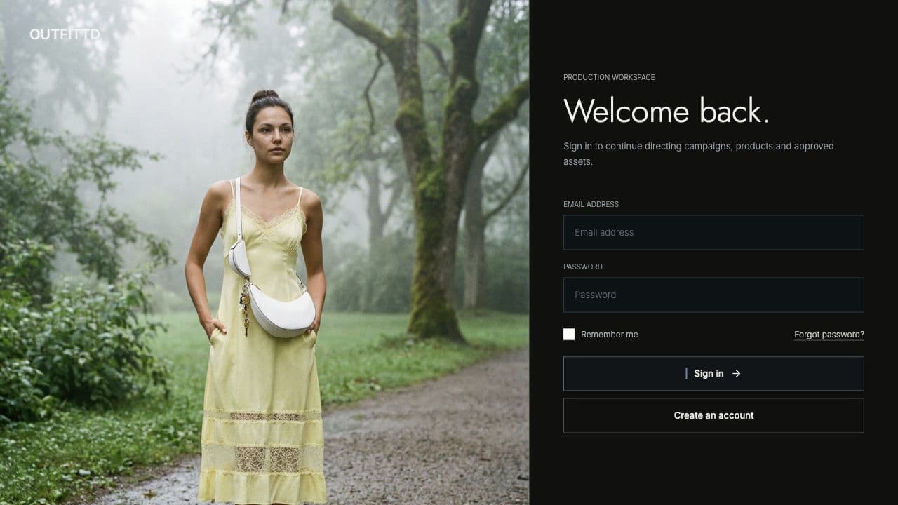 Outfittd login page with a fashion campaign portrait and email and password sign-in form