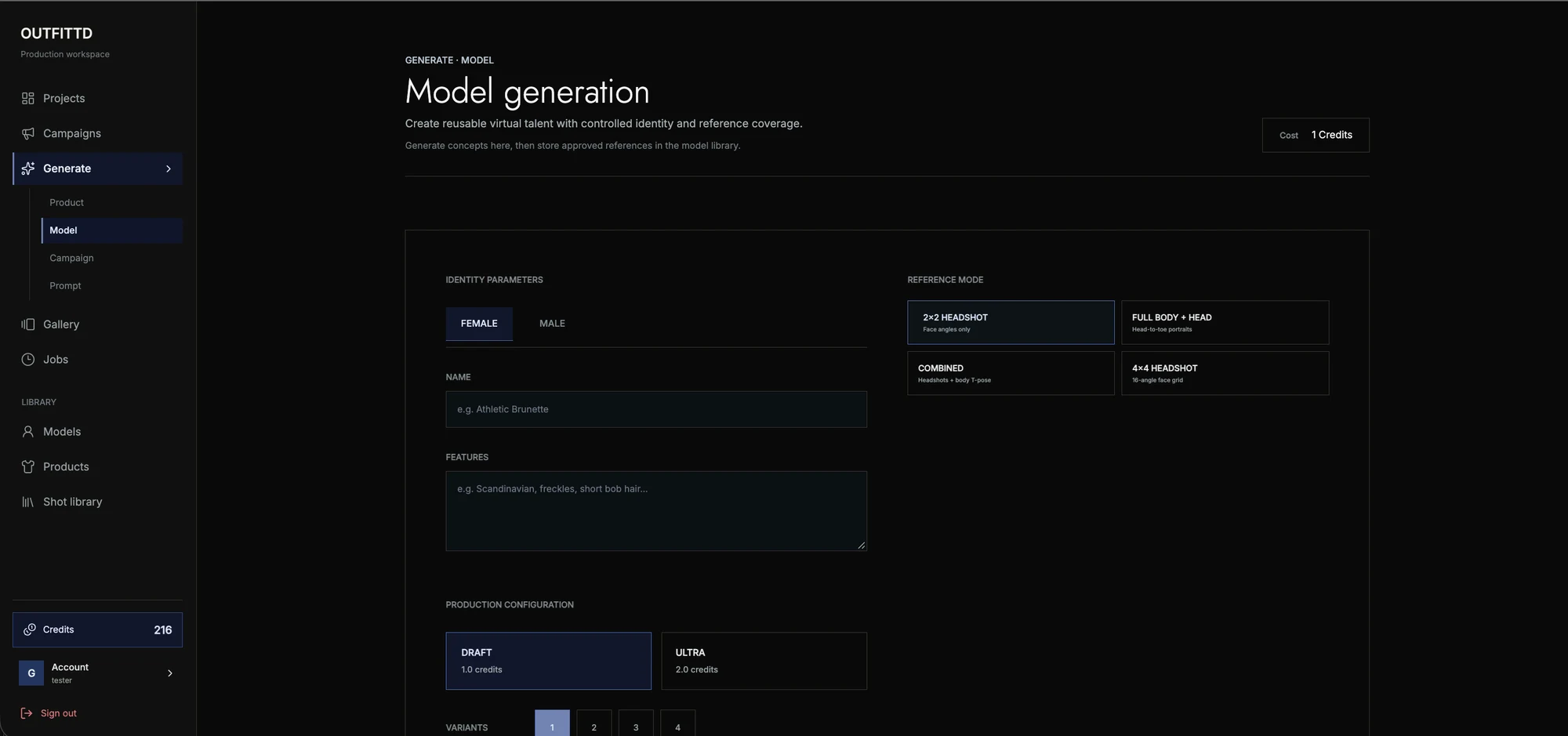 Outfittd model generation interface showing identity parameters and headshot reference modes
