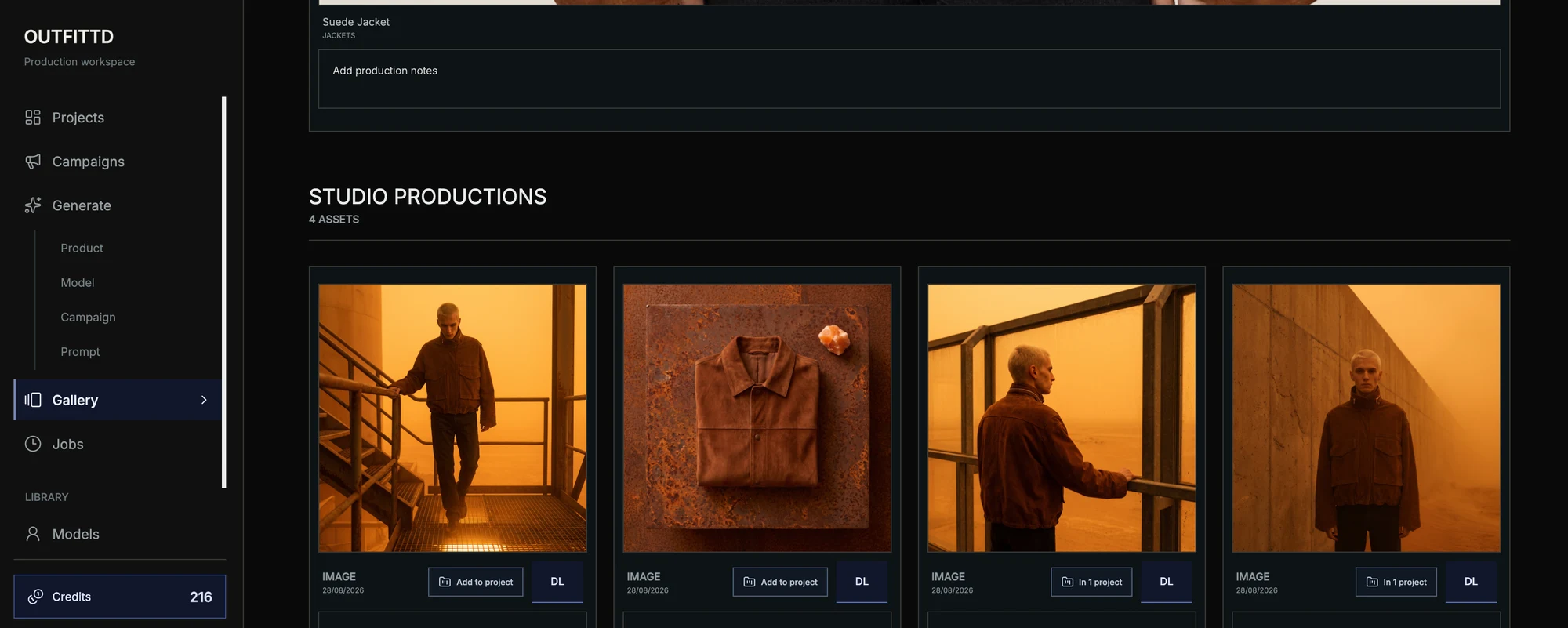 Outfittd production gallery showing four orange-toned fashion campaign assets and project controls