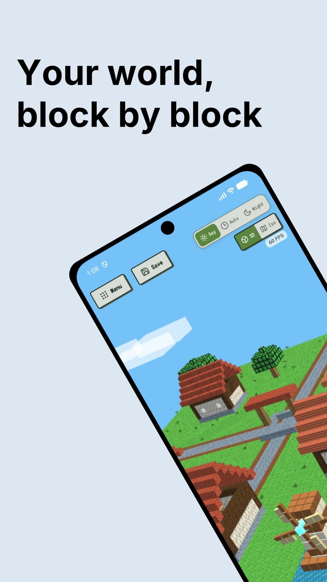 Voxel Builder running on an Android phone, showing a colourful block-built village